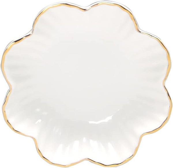 Porcelain Serving Dish, Ceramics Flower Relish Tray with Metallic Rim, 6.6 inch White
