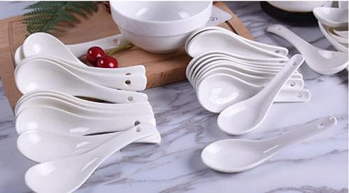 10 Pack White Ceramic Soup Spoons, 5" Asian Soup Spoon Set, Stackable Design