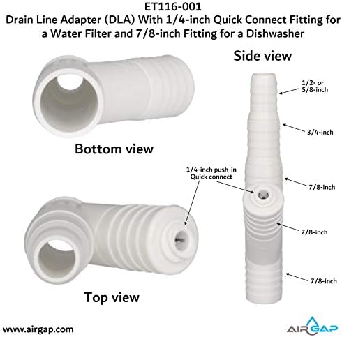 ET116-001 Drain Line Adapter (DLA) with 1/4-inch Quick Connect Fitting for Water Filter and 7/8-inch Dishwasher Fitting