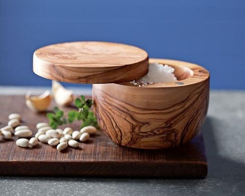 Handcrafted Salt Keeper with Magnetic Lid, 4" Round, Olive Wood by Berard