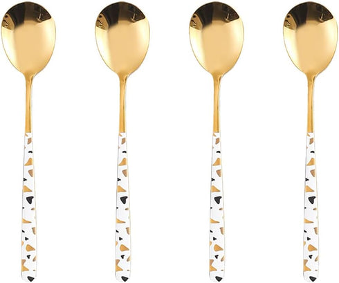 Stainless Steel Soup Spoon, Korean Dessert Spoon, Set of 4 Colour Spotted Soup Spoons, 8 Inches, White Gold Spotted