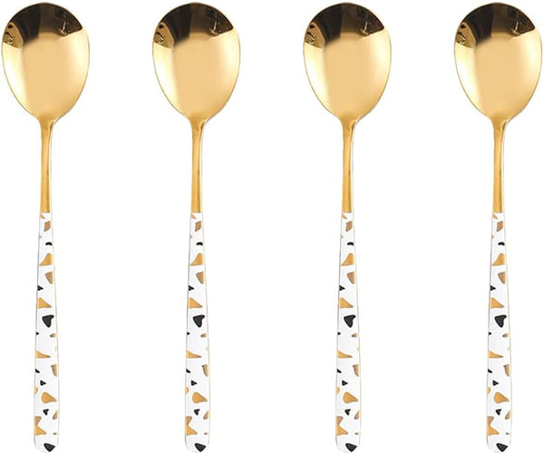 Stainless Steel Soup Spoon, Korean Dessert Spoon, Set of 4 Colour Spotted Soup Spoons, 8 Inches, White Gold Spotted
