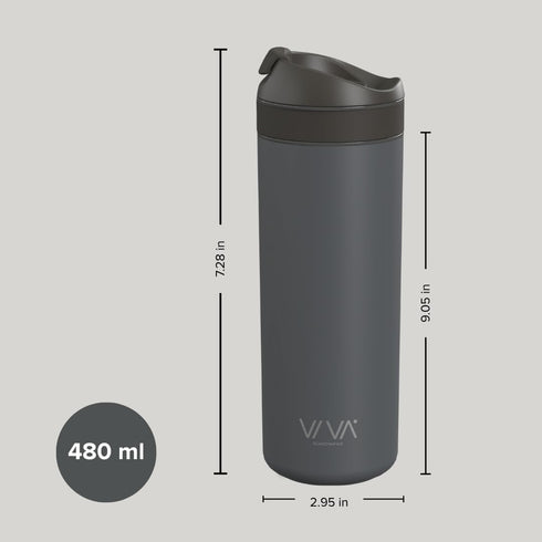 16 oz, VIVA Recharge Grey Insulated Tea & Coffee Mug & Travel French Press Coffee Maker, Brew & Drink From the Same