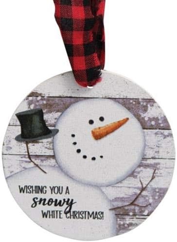 Set of 3 Snowman Shiplap Style Christmas Wood Ornaments - Wishing You a Snowy White Christmas - Buffalo Checked Hanger