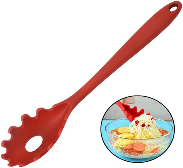 Spaghetti Spoon Pasta Fork, 11.2 Inch Silicone Strainer with Stainless Steel Handle, BPA Free (Red)