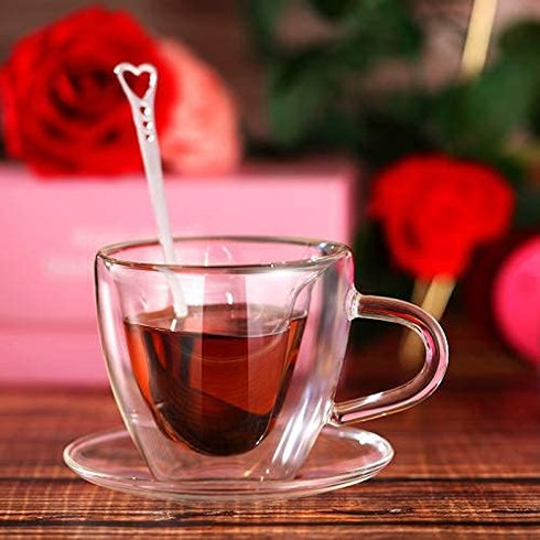 Patelai Heart Shaped Double Walled Glass Insulated Coffee Mug, 180 Ml, 6 oz Cappuccino Cup with Saucer & Spoons