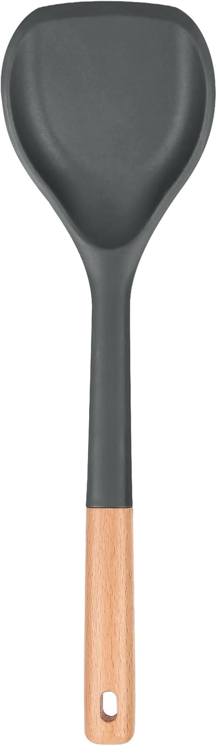 Nonstick Silicone Spatula, Flexible Edge for Pans, Heat Resistant BPA-Free Kitchen Spatulas with Wooden Handle (Grey)
