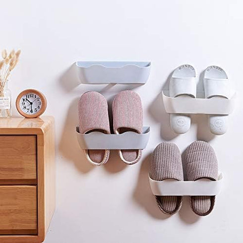 4pcs SM02(4PCS)) Wall Mounted Shoes Rack with Sticky Hanging Strips, Plastic Shoes Holder Storage Organizer,Door Shoe
