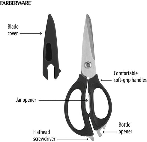 Farberware 4 in 1 Multipurpose Kitchen Scissors, Stainless Steel with Blade Cover, Black