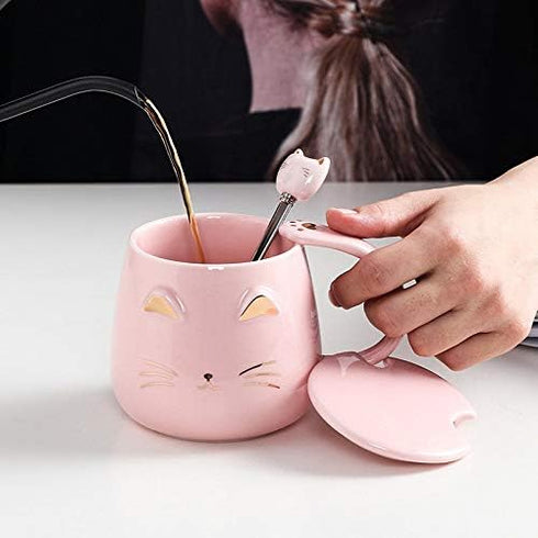 Pink Ceramic Coffee Mug, Cute Cat Handmade Tea Cup with Stainless Steel Spoon, Unique Hot Chocolate Novelty Mug for