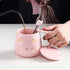 Pink Ceramic Coffee Mug, Cute Cat Handmade Tea Cup with Stainless Steel Spoon, Unique Hot Chocolate Novelty Mug for