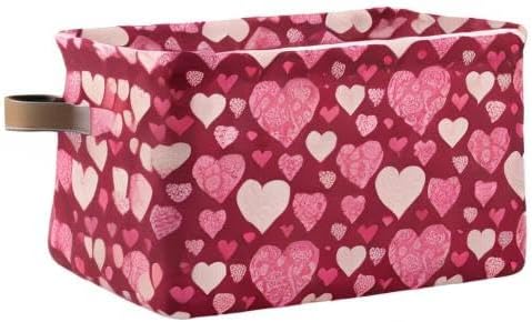 Happy Valentine's Day Storage Basket, Fabric Kitchen Bins in Pink Purple Love Heart, Foldable Organizer Bag, 16×12×8