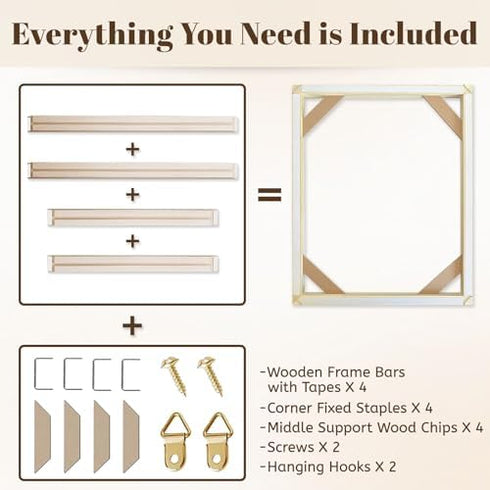 30x40 1.25" DIY Canvas Stretcher Bars, Gallery Depth White Pine Wood Frame Kit, Self-Adhesive & Tool-Free Assembly