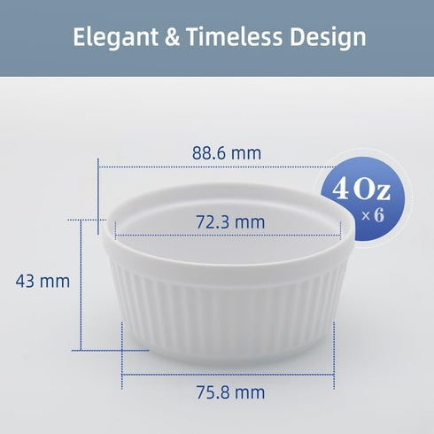 Nuwave 4oz Ceramic Ramekins Set of 6 - Elegant Baking Bowls for Souffles, Custards, Oven & Dishwasher Safe