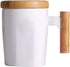 14oz HOWAY Flat Bottom Mug with Wood Lid, Ceramic Tea Cup for Coffee Warmer, Universal, Flat Bottomed, Wooden Handle