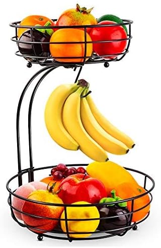 Auledio 2-Tier Countertop Fruit Vegetables Basket Bowl Storage with Banana Hanger, Black, 64 ounces
