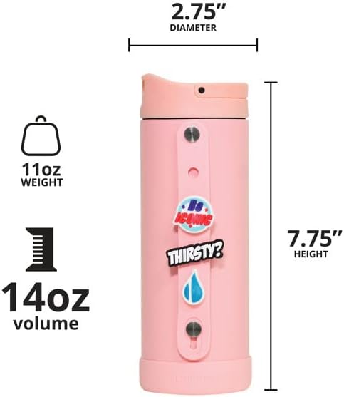 Elemental Iconic Kids Water Bottle with Straw Lid & Charms Strap, Leak-Proof Triple Insulated Stainless Steel 14oz