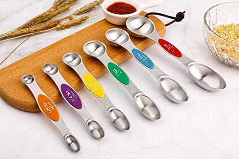Magnetic Measuring Spoons Set of 6, Stainless Steel Dual Sided Stackable Teaspoon for Dry and Liquid Ingredients
