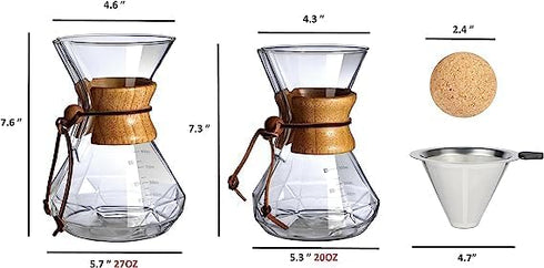 Pour Over Coffee Maker Set with Wood Sleeve, 27oz/800ml Dripper, Cork Stopper