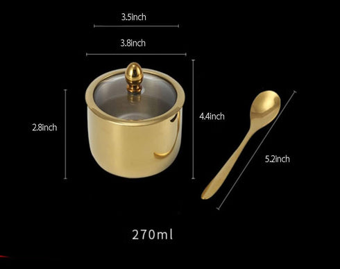 Gold Stainless Steel Sugar Bowl Spice Jar Seasoning Pot Storage with Lid Spoon