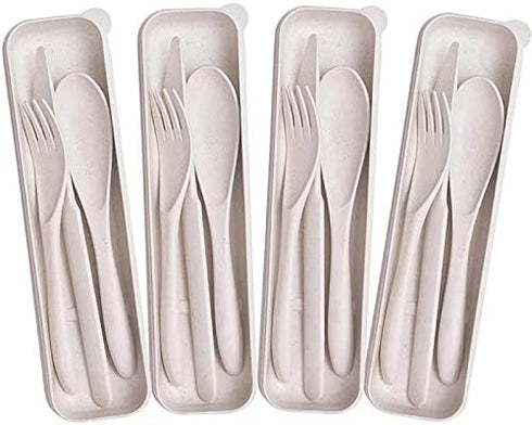 M&F 4 Pack Portable Utensils Set with Case, Reusable Wheat Straw Cutlery Set for Travel, Fork Spoon Cutter for Kids