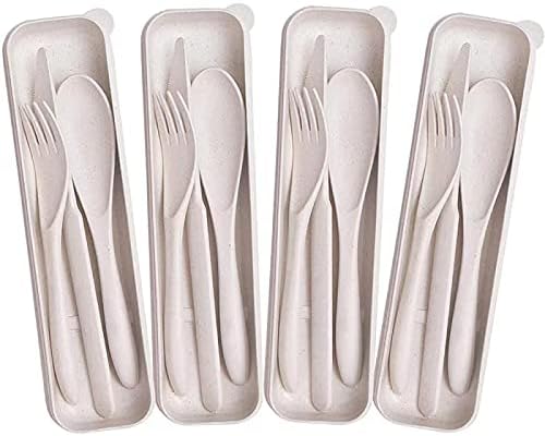 M&F 4 Pack Portable Utensils Set with Case, Reusable Wheat Straw Cutlery Set for Travel, Fork Spoon Cutter for Kids
