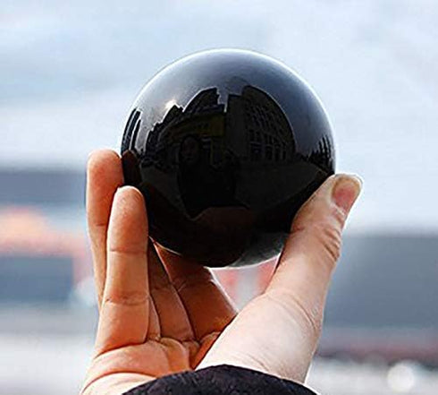 JIC Gem Small Black Obsidian Sphere Ball with Wooden Stand for Fengshui Healing Crystal Decoration (2.2", 55mm)