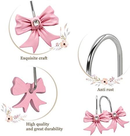 12PCS Decorative Shower Curtain Hooks, Pink Bow Knot Resin Shower Rings for Bathroom Nursery Art