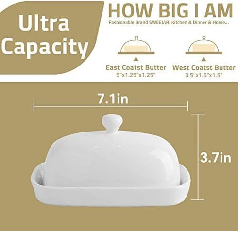 Sweejar Ceramics Butter Dish with Lid, 7-inch Butter Keeper Container for Countertop, East/West Coast Butter