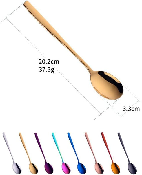 Metal Round Spoons, 8 Inch Stainless Steel Reusable Long Handle Korean Soup Spoons, Set of 8 Dinner Dessert Spoons