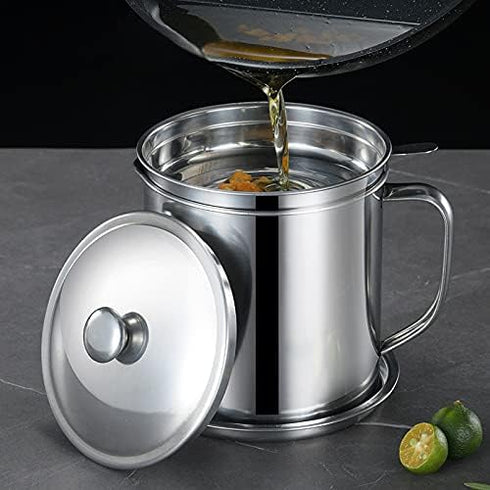Bacon Grease Container with Strainer, 1.25 L Food-grade Stainless Steel Keeper with Lid and Easy-Grip Handle
