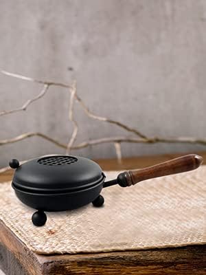 4.72-Inch Black Iron Incense Burner with Wooden Handle and Folding Lid Premium (Diameter) Censer for Burning Incense