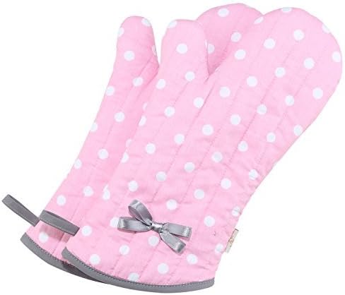 NEOVIVA Kitchen Oven Mitts for Adults, Heat Resistant Cotton Oven Gloves Set of 2 for Cooking Baking, Kitchen Gloves for Farmhouse Restaurant, Polka Dots Pink