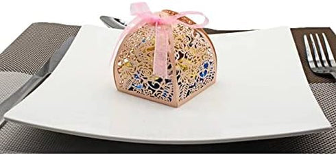 KPOSIYA Pack of 100 Laser Cut Rose Candy Boxes, Favor Boxes 2.5"x 2.5"x 3.1" for Bridal Shower, Anniversary, Birthday