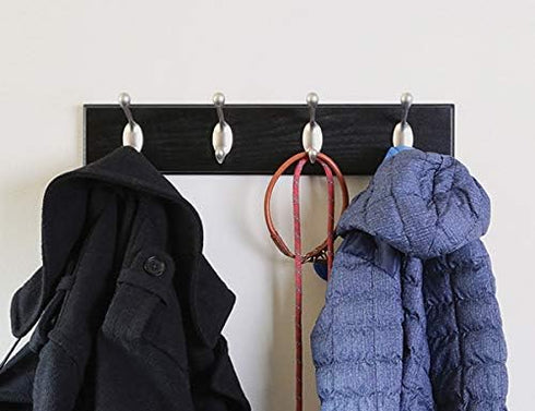 HIGH & MIGHTY 515708 Coat Rack 4 Hook Rail, Easy Tool-Free Dry Wall Installation, Holds up to 30lbs, Black & Silver