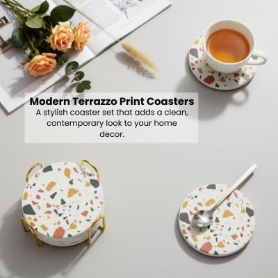 Set 6 (Sunset) Absorbent Terrazzo Drink Coasters with Holder, of Ceramic Stone Coasters for Drinks, Water-Absorbing