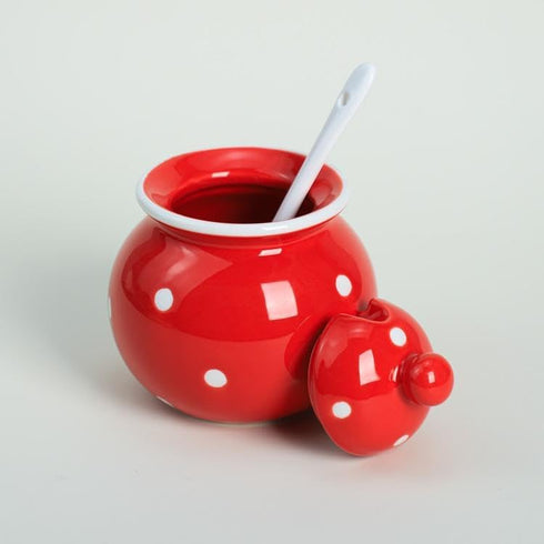 123Arts Ceramics Dot Sugar Salt Pepper Storage Jar - Seasoning Pot with Lid and Spoon