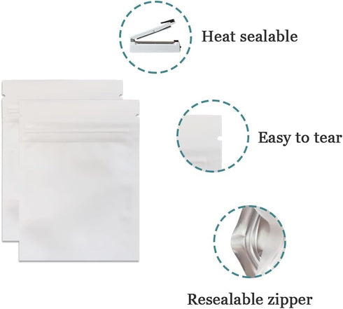 PABCK 100 Pcs Matte White Front Window Resealable Foil Zipper Lock Pouch for Food Storage Bags