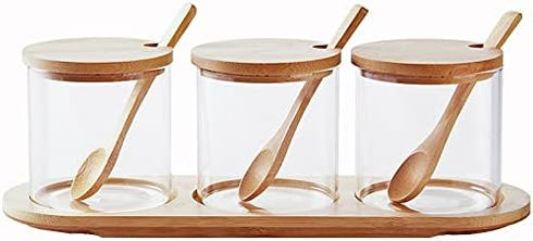 Glass Condiments Container-Seasoning Box with Spoons for Spice Salt Sugar Cruet (3P)
