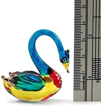 Tiny 2" High Multicolor Bending Neck Swan Waterfowl Bird Figurine, Miniature Hand Blown Painted Glass