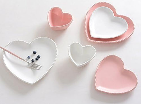 Ceramic Heart-Shaped Pudding Bowl, Baked Soufflé Bowl, Dessert Oven Bowl, Creme Brulee Ramekin (Pink/White)