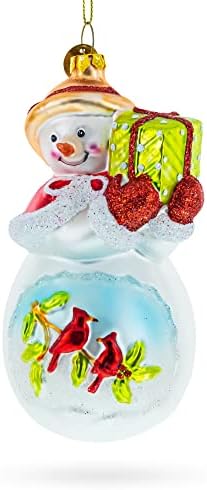 Snowman with Red Cardinals Blown Glass Christmas Ornament Holding a Gift