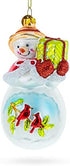 Snowman with Red Cardinals Blown Glass Christmas Ornament Holding a Gift