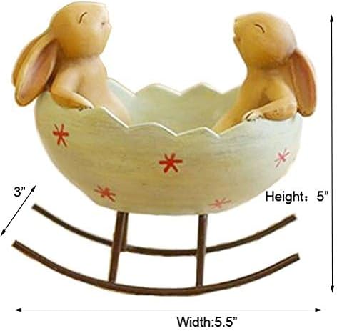 Vintage Rustic Country Bunnies Rabbit Figurine Statue, Laughing Bunny Rabbits Rocking in an Easter Egg Cradle