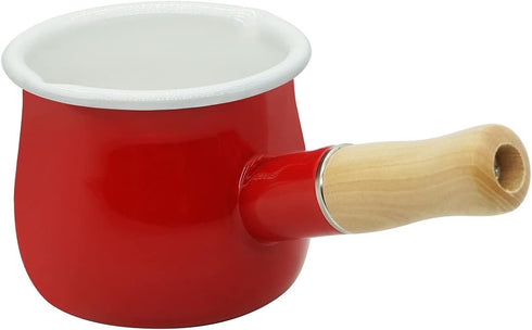 Enamel Milk Pot, Small 4 Inch 17 Oz Saucepan with Wooden Handle, Perfect for Heating Smaller Liquid Portions