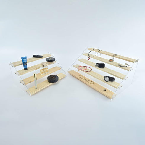PACKGILO 4 Tier Acrylic Display Stand for Figures Wooden Risers for Display Case Craft Fair Acrylic Cupcake Stand