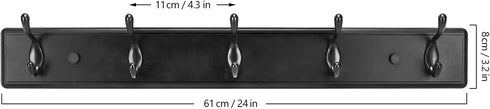 Wooden Coat Rack, Wall-Mounted Organizer for Closet, Entryway, Heavy Duty Double Hooks for Hanging Towels, Black
