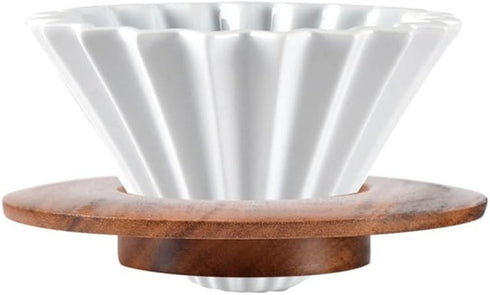 Ceramic Coffee Dripper - Elegant Flower Shape Pour Over Coffee Maker with Wood Stand (White)