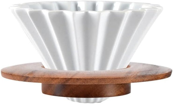 Ceramic Coffee Dripper - Elegant Flower Shape Pour Over Coffee Maker with Wood Stand (White)