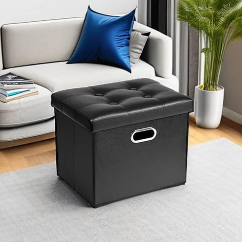 17x13x13in COSYLAND Ottoman with Storage Folding Leather Ottoman Footrest Foot Stool Black Ottoman for Room Small
